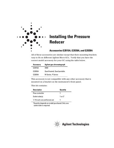 Agilent G2815A/G2836A/G2839A Pressure Reducer Installation Guide - cover page