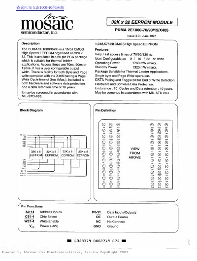 Mosaic PUMA 2E1000-70/90/12/X405 1Mbit CMOS EEPROM Datasheet - cover page
