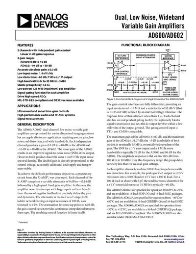 Analog Devices AD600/AD602 Variable Gain Amplifier Datasheet - cover page