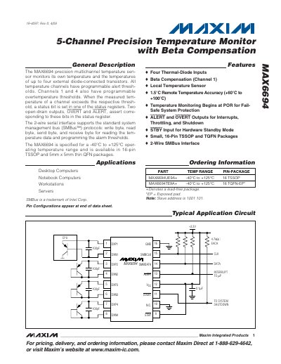 Maxim MAX6694 Multi-Channel Temperature Sensor Datasheet - cover page