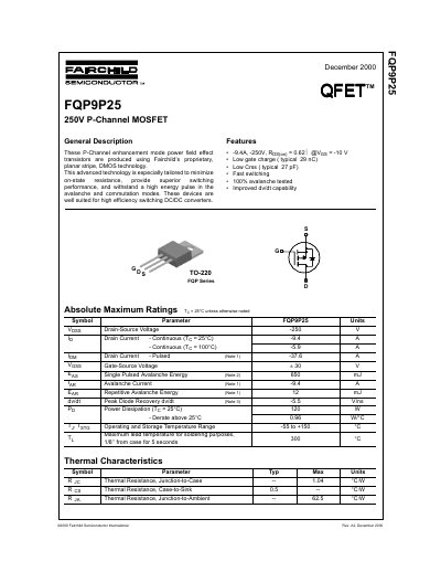 Fairchild FQP9P25 250V P-Channel MOSFET Datasheet - cover page