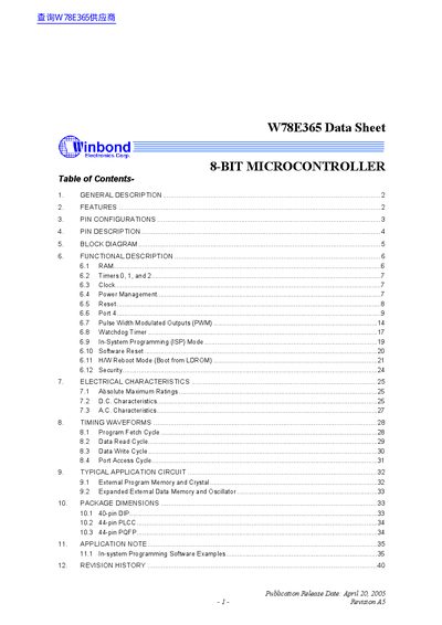 Winbond W78E365 8-bit Microcontroller Datasheet - cover page