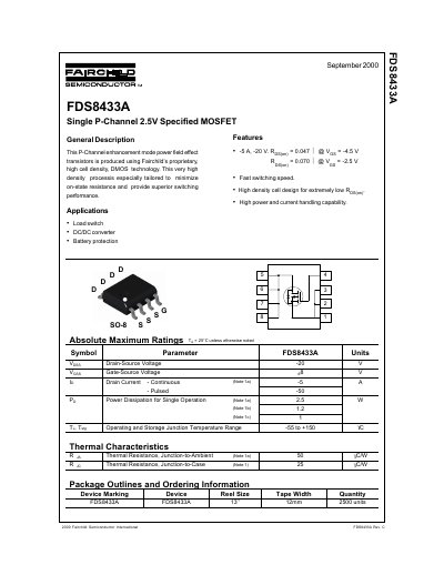 Fairchild FDS8433A Single P-Channel MOSFET Datasheet - cover page