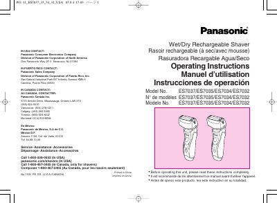 Panasonic ES7037 Wet/Dry Rechargeable Shaver Operating Instructions - cover page