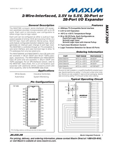 MAXIM MAX7300 2-Wire-Interfaced 2.5V to 5.5V 20-Port or 28-Port I/O Expander Manual - cover page