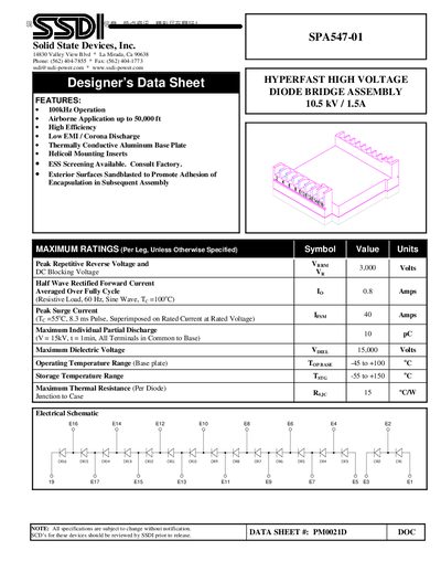 SSDI SPA547-01 HYPERFAST HIGH VOLTAGE DIODE BRIDGE ASSEMBLY 10.5 kV 1.5A Manual - cover page