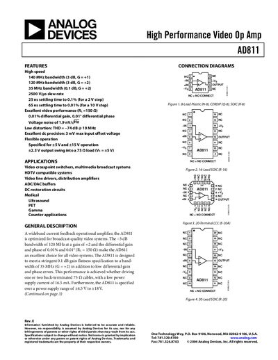 Analog Devices AD811 High Performance Video Op Amp Datasheet