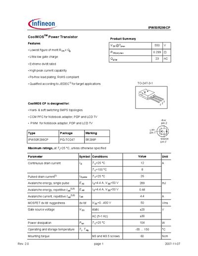 Infineon IPW50R299CP CoolMOS Power Transistor Datasheet - cover page