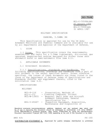 MIL-C-70599A (AR) M4 Carbine Military Specification - cover page