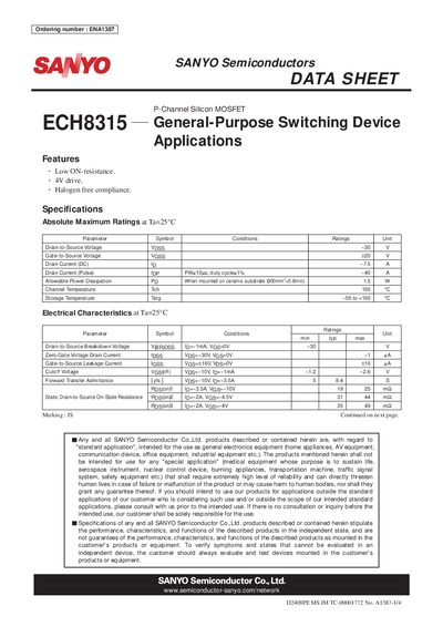 SANYO ECH8315 P-Channel MOSFET Datasheet - cover page
