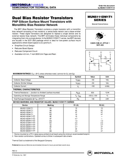 Motorola MUN5111DW1T1 Series Dual Bias Resistor Transistors Datasheet - cover page