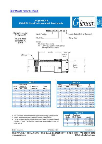 Glenair AS85049/19 EMI/RFI Non-Environmental Backshells Datasheet - cover page