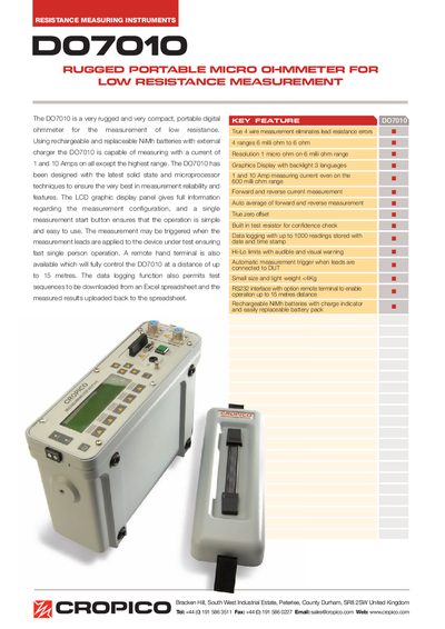 CROPICO D07010 RUGGED PORTABLE MICRO OHMMETER FOR LOW RESISTANCE MEASUREMENT Manual - cover page