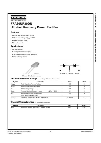 Fairchild Semiconductor FFA60UP30DN Ultrafast Recovery Power Rectifier Datasheet - cover page