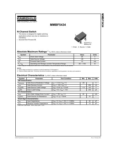 Fairchild MMBF5434 N-Channel Switch Datasheet - cover page