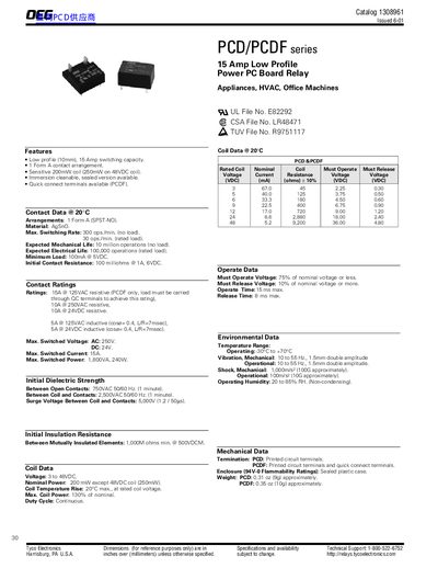 OEG PCD/PCDF Series 15 A Low Profile Power PC Board Relay Product Leaflet - cover page