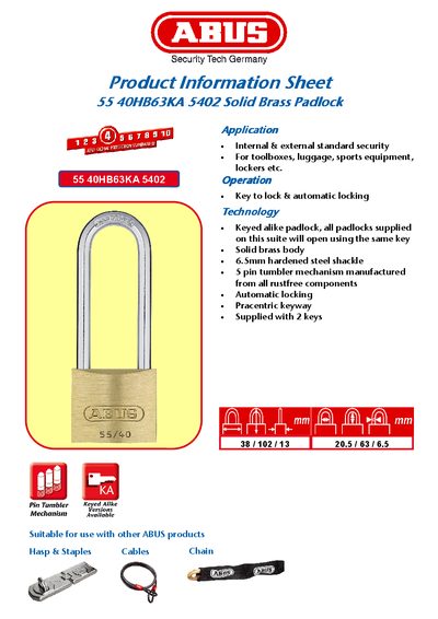 ABUS 55 40HB63KA 5402 Padlock Product Information Sheet - cover page