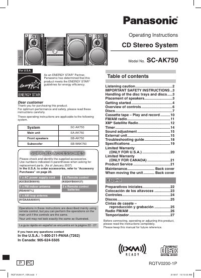 Panasonic SC-AK750 CD Stereo System Operating Instructions - cover page