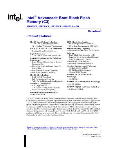 intel 28F800C3 28F160C3 28F320C3 28F640C3 (x16) k Flash Memory (C3) Datasheet - cover page