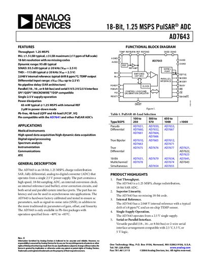 Analog Devices AD7643 18‑Bit 1.25 MSPS PulSAR ADC Datasheet - cover page