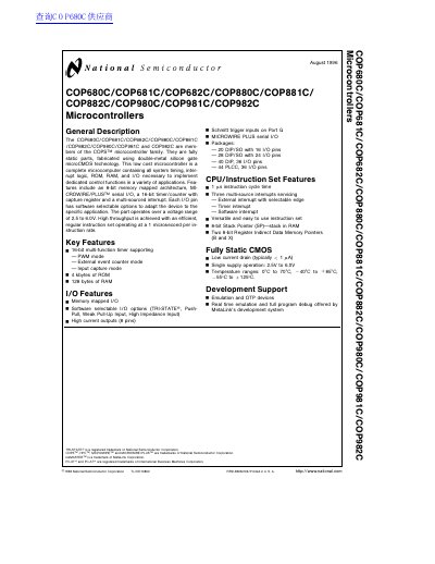 National Semiconductor COP680C/COP681C/COP682C/COP880C/COP881C/ COP882C/COP980C/COP981C/COP982C Microcontrollers handbook - cover page