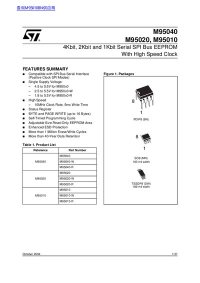 ST M95040 M95020 M95010 4Kbit 2Kbit 1Kbit Serial SPI Bus EEPROM With High Speed Clock handbook - cover page