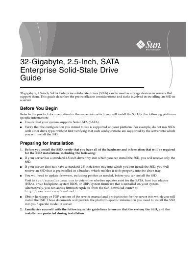 Sun 32‑Gigabyte 2.5‑Inch SATA Enterprise SSD Installation Guide - cover page