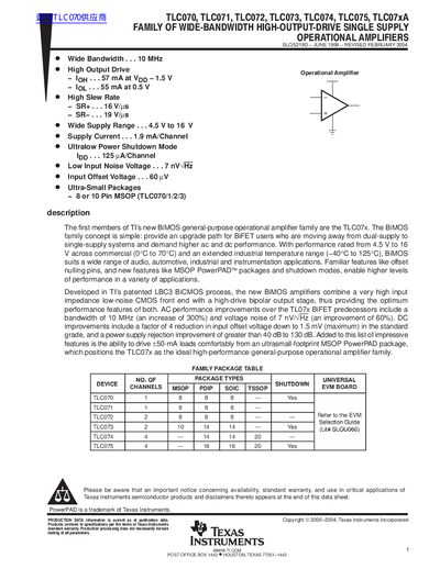 Texas Instruments TLC070 Operational Amplifier Datasheet