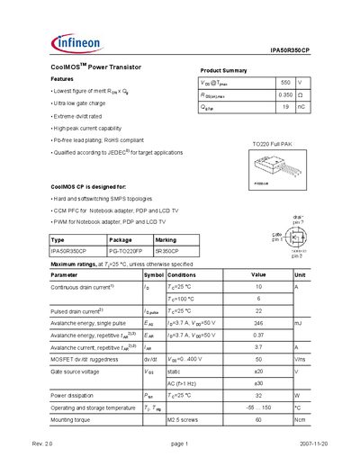 Infineon IPA50R350CP Power Transistor Datasheet - cover page