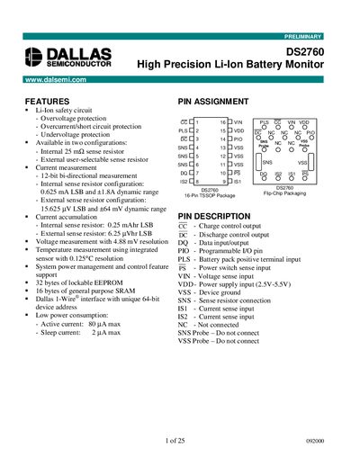 Dallas Semiconductor DS2760 High Precision Li‑Ion Battery Monitor Datasheet - cover page