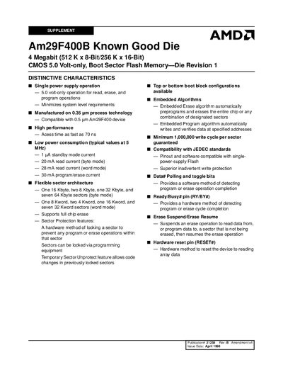 AMD Am29F400B Known Good Die 4 Megabit (512 K x 8-Bit/256 K x 16-Bit) CMOS 5.0 Volt-only Boot Sector Flash Memory Die Revision 1 Data sheet  - cover page