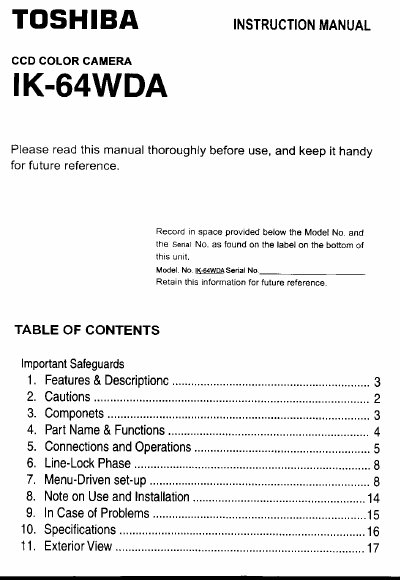 Toshiba IK-64WDA CCD Color Camera Instruction Manual - cover page
