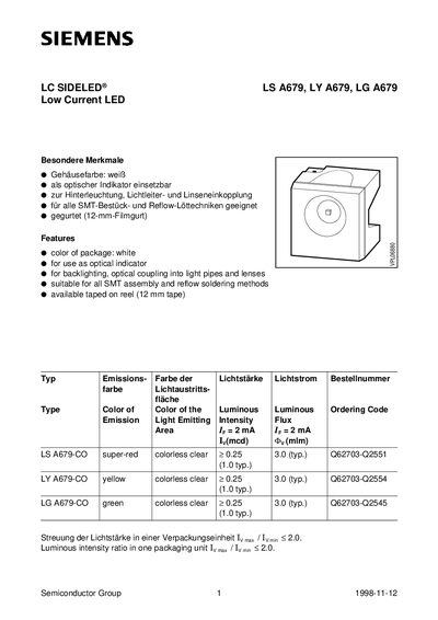 Siemens LS/LY/LG A679 Low Current LED Datasheet - cover page