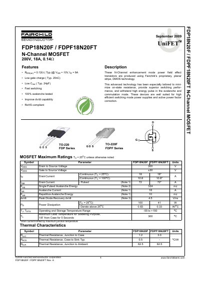Fairchild FDP18N20F/FDPF18N20FT N-Channel MOSFET Datasheet