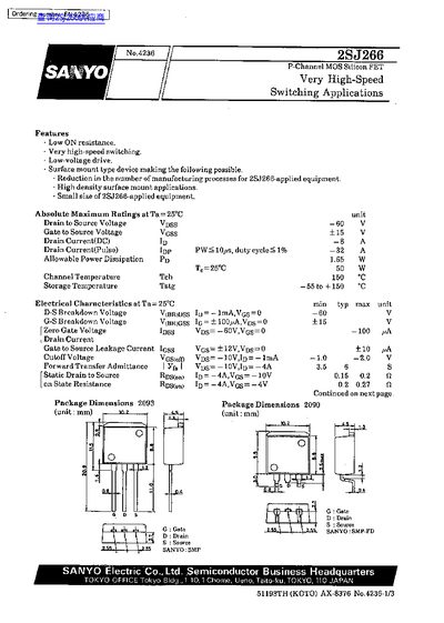 SANYO 2SJ266 P-Channel MOSFET Datasheet - cover page