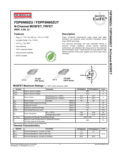 Fairchild FDP6N60ZU / FDPF6N60ZUT N-Channel MOSFET Datasheet - cover page