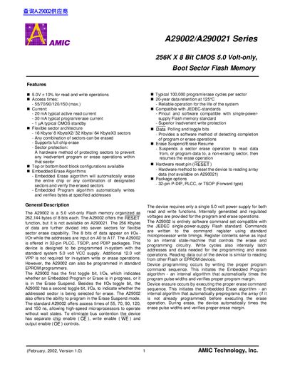 AMIC A29002/A290021 Series 256K X 8 Bit CMOS Flash Memory Datasheet - cover page