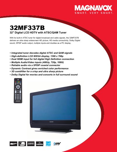 Magnavox 32MF337B 32" Digital LCD HDTV Product Specifications - cover page