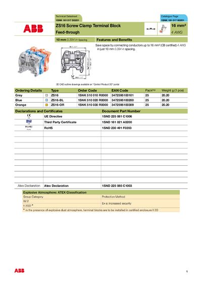 ABB ZS16 Screw Clamp Terminal Block Technical Datasheet - cover page