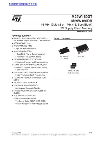 STMicroelectronics M29W160DT/M29W160DB 3V Flash Memory Datasheet - cover page