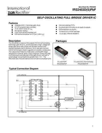 International Rectifier IRS2453DPbF Self-Oscillating Full-Bridge Driver IC Datasheet - cover page