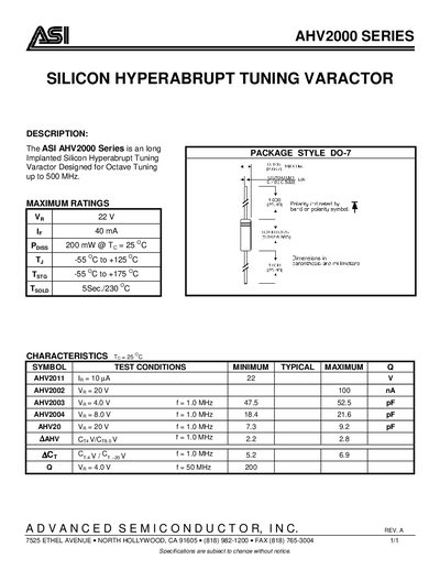 Advanced Semiconductor AHV2000 Series Varactor Datasheet - cover page