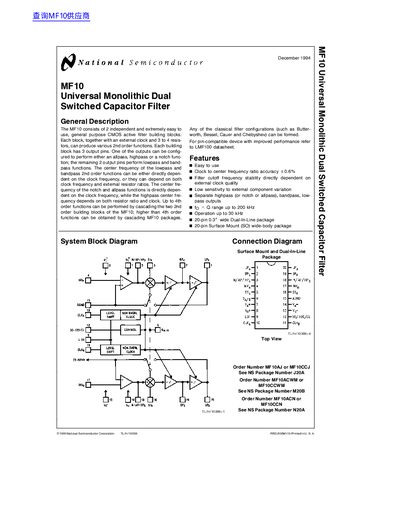 National Semiconductor MF10 Universal Monolithic Dual Switched Capacitor Filter Datasheet - cover page