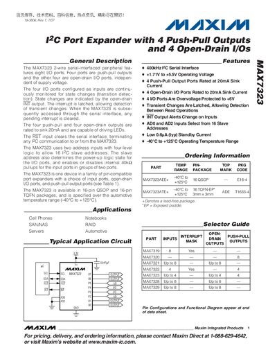Maxim MAX7323 I2C Port Expander Data Sheet - cover page