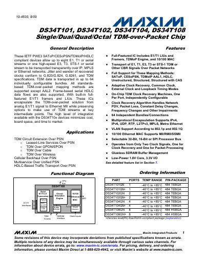 Maxim Integrated DS34T101/DS34T102/DS34T104/DS34T108 TDM-over-Packet Chip Manual