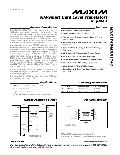 Maxim MAX1740/MAX1741 SIM/Smart Card Level Translators Datasheet - cover page