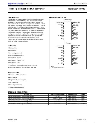 Philips Semiconductors NE/SE5018/5019 8-Bit D/A Converter Product Specification - cover page