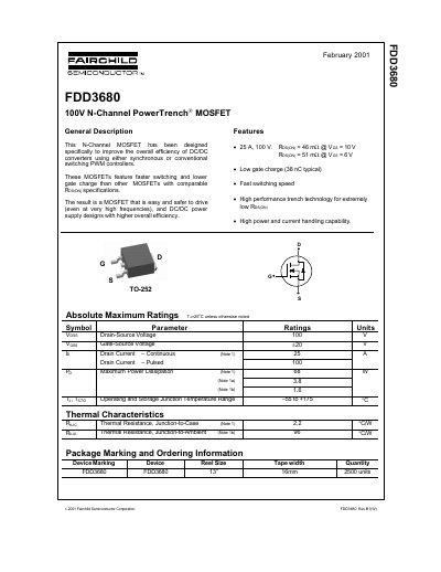 Fairchild FDD3680 N-Channel PowerTrench MOSFET Datasheet - cover page