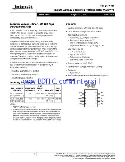 Intersil ISL23710 Digitally Controlled Potentiometer Datasheet - cover page