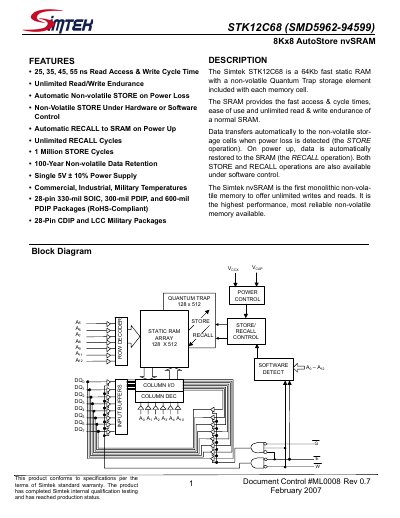 SIMTEK STK12C68 (SMD5962-94599) 8Kx8 AutoStore nvSRAM handbook - cover page